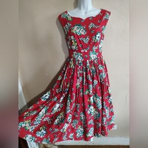 NEW NWOT Red Floral Fit & Flare Cotton Full Skirt Dress SZ XS Small ModCloth